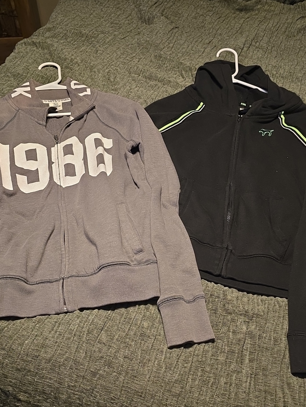 PINK Victoria's Secret Black Zip Hoodie with Lime Trim & Grey Great Condition M